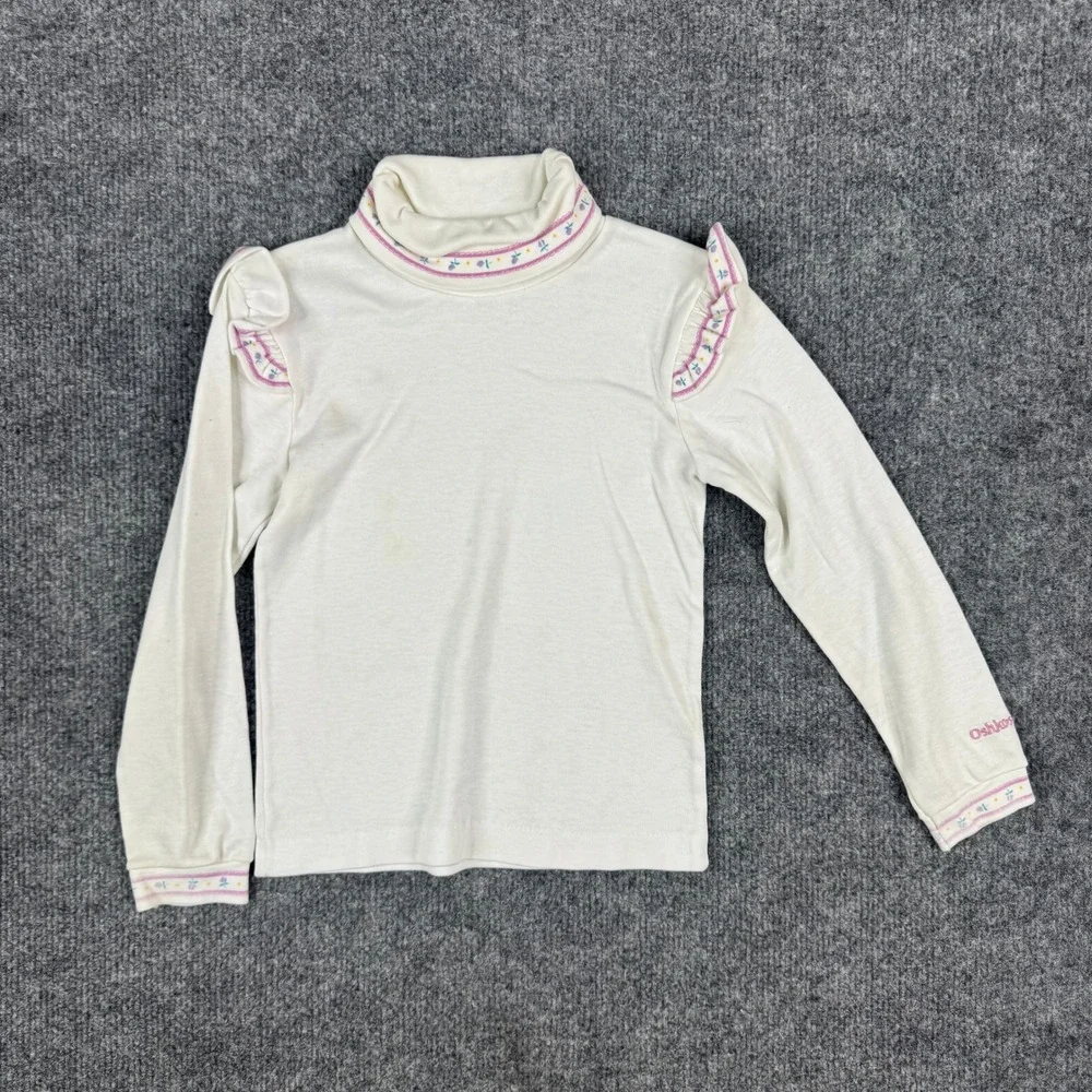 OshKosh B'gosh Turtleneck Girls Size 5 Cream Ruffle Shoulder Floral Trim Vintage